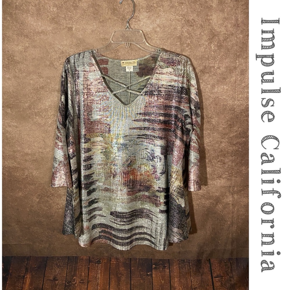 Impulse California casual top 3/4 sleeve~Size PL~silver & multiple colors~NWOT